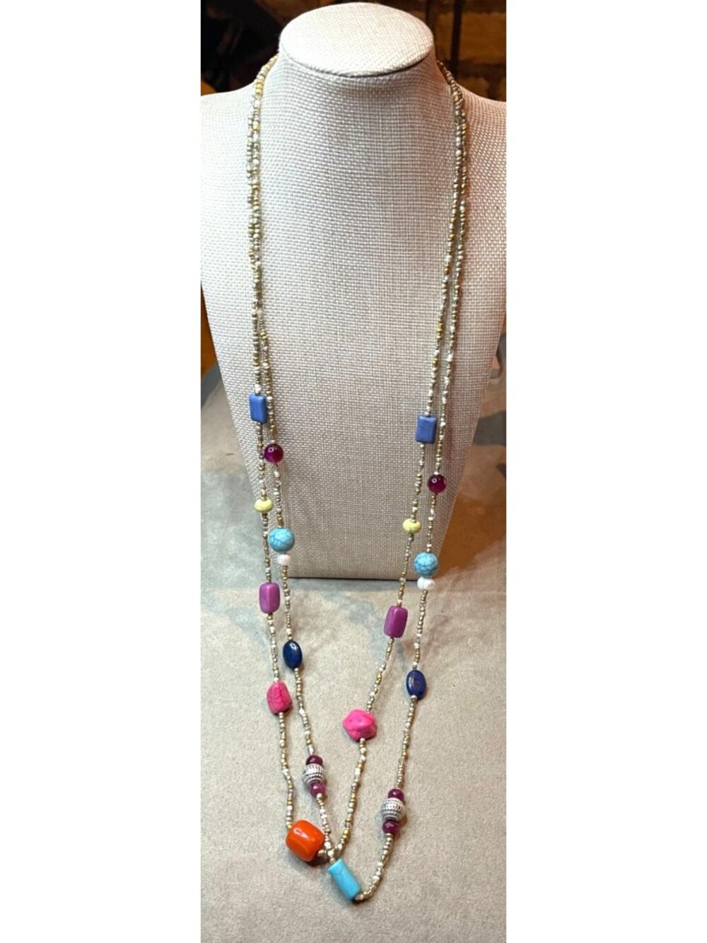 NWT Chico's Multi Color Stone Bead Long Double Strand Necklace 36"